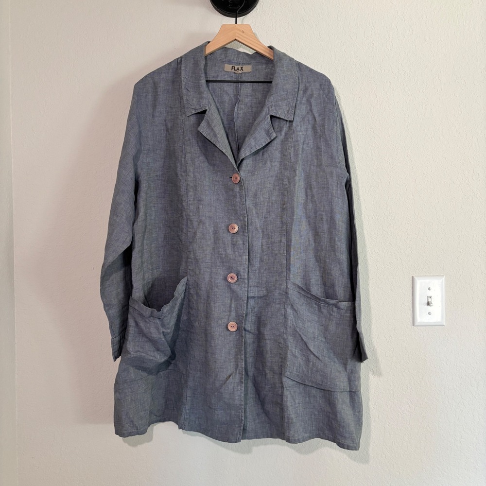 FLAX Jacket Longline Tunic 1G 100% Linen Blue Lagenlook Coastal Grandma